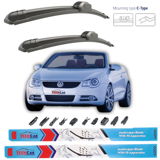 Two car wiper blades with a Volkswagen car and additional wiper parts on a white background.