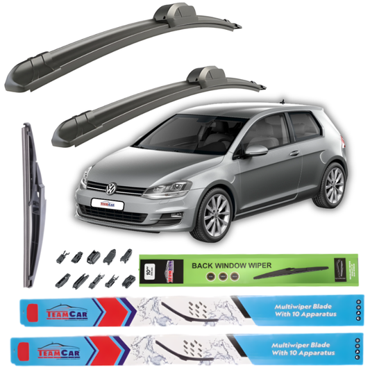 Car wiper blades with a Volkswagen Golf 7, 3 uși and packaging on a white background