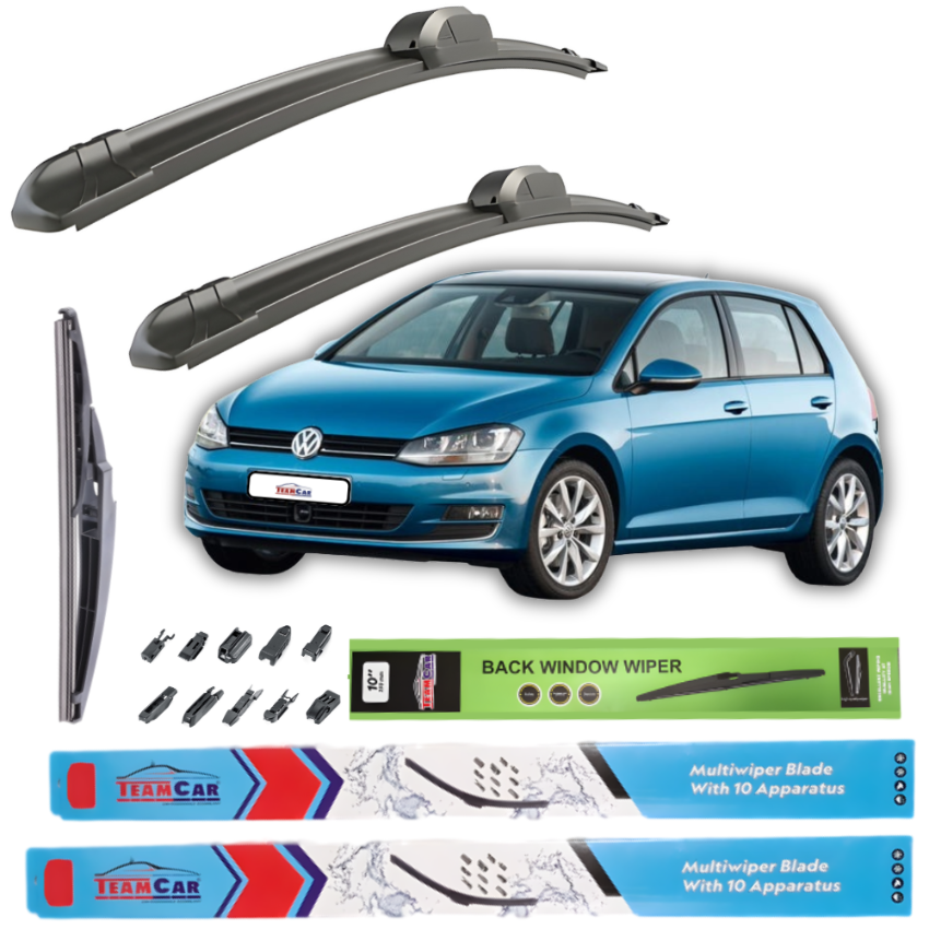 Car wiper blades with a blue Volkswagen Golf 7, 5 uși car on a white background