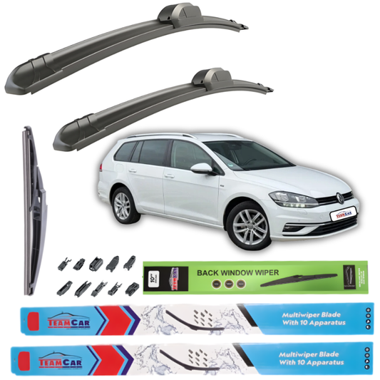 Car wiper blades with a white Volkswagen Golf 7 Variant and branding logos on a white background