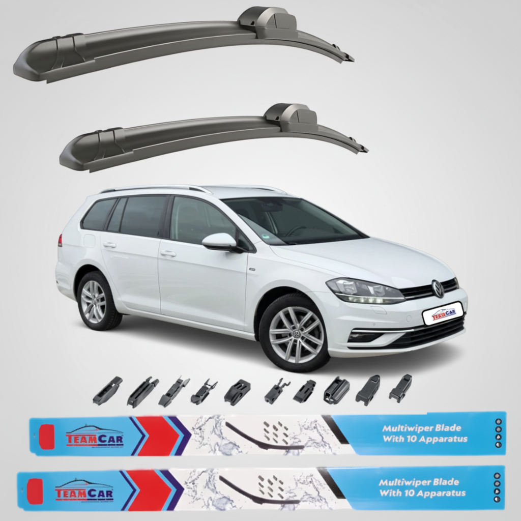 Car wiper blades with a white Volkswagen Golf 7 / Mk7 Variant (2012–2019) and Team Car branding on a white background