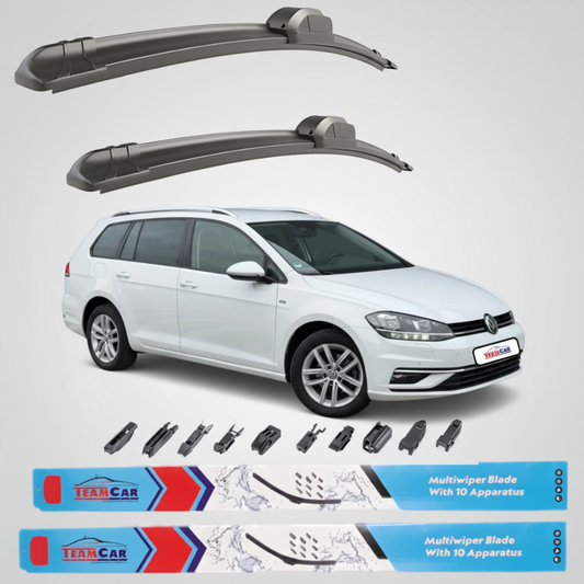 Car wiper blades with a white Volkswagen Golf 7 / Mk7 Variant (2012–2019) and Team Car branding on a white background