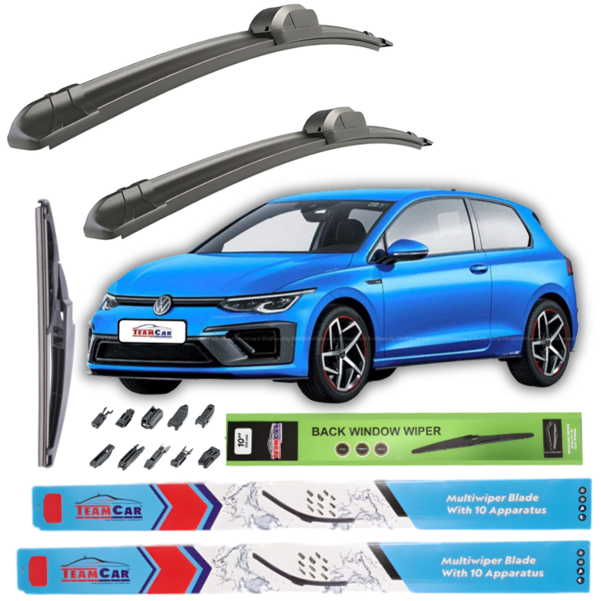 Car wiper blades with a blue Volkswagen Golf 8 / Mk8 Hatchback 3 uși  and Team Car branding on a white background
