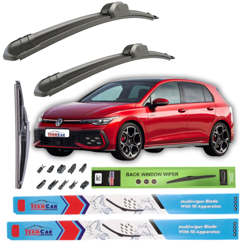 Car wiper blades with a red Volkswagen Golf 8 / Mk8 Hatchback 5 uși car and packaging on a white background