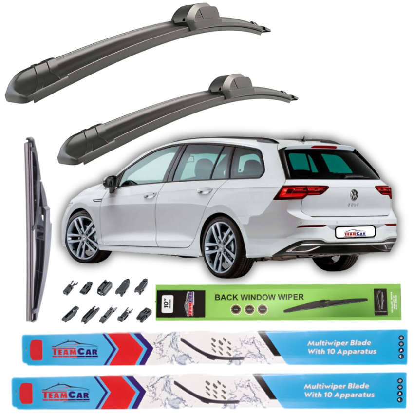 Car wiper blades with a Volkswagen Golf 8 / Mk8 Variant and packaging on a white background