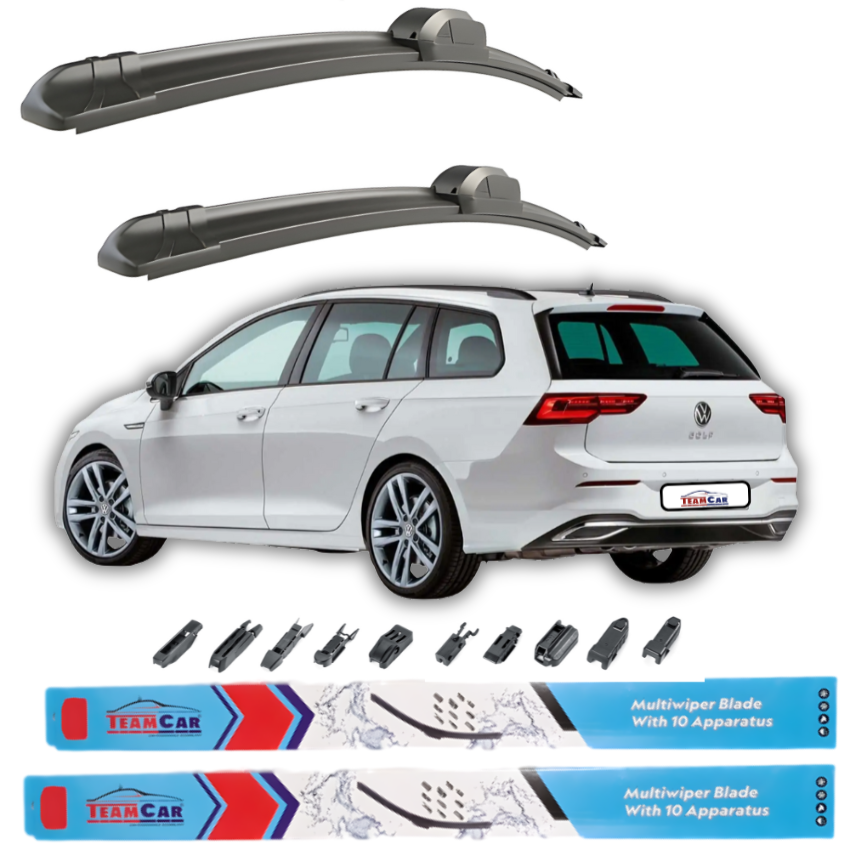 Car wiper blades with a white Volkswagen Golf 8 / Mk8 Variant and Team Car branding on a white background