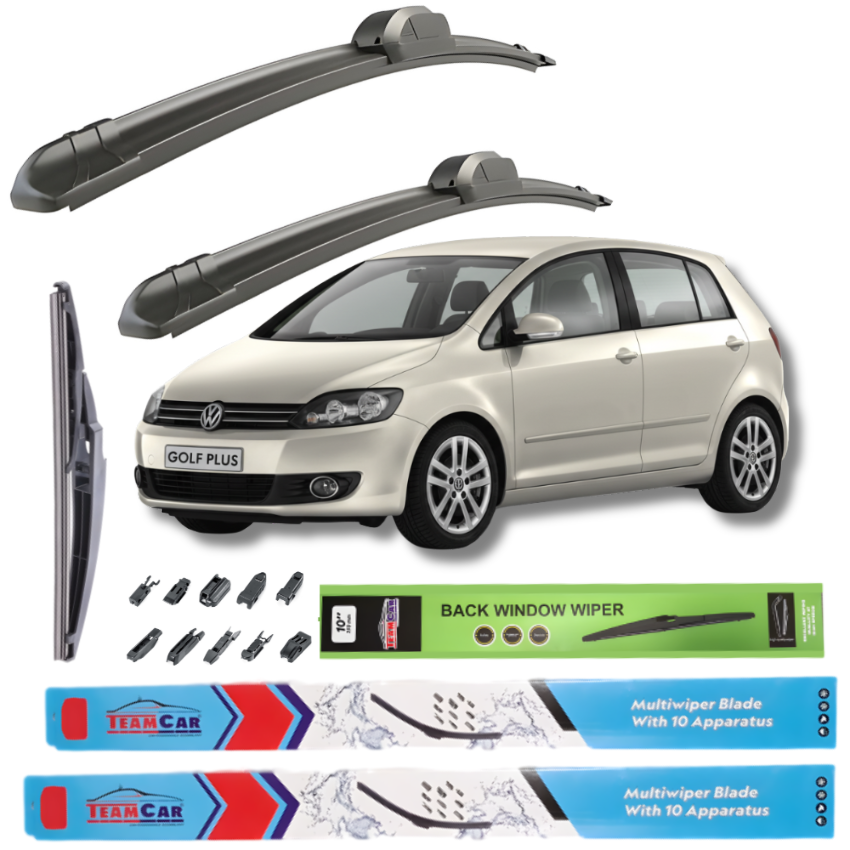 Car wiper blades with a Volkswagen Golf Plus 5M1/52 and packaging on a white background
