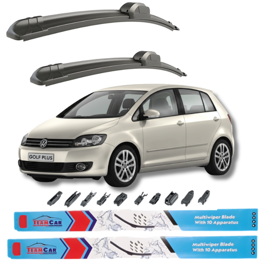 Car wiper blades with a white Volkswagen Golf Plus 5M1/52 and Team Car branding on a white background