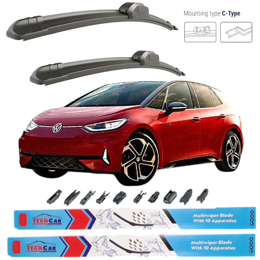 Car wiper blades with a red Volkswagen ID 3 (E11) 2019-2025 and mounting type C-Type illustration on a white background.