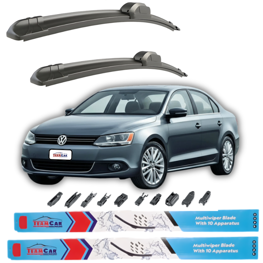 Car wiper blades with a Volkswagen Jetta VI (2010–2018) and additional wiper parts on a white background