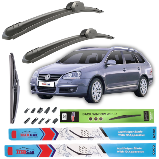 Car wiper blades with a Volkswagen Jetta V Variant (2005–2010) and additional wiper parts on a white background