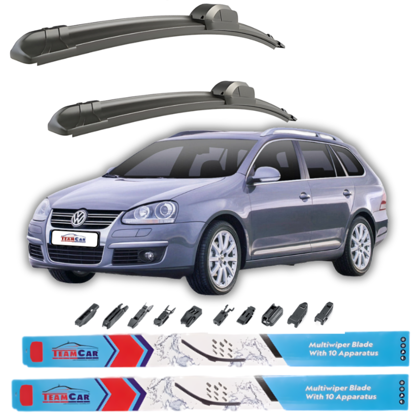 Car wiper blades with a Volkswagen Jetta V Variant (2005–2010) on a white background