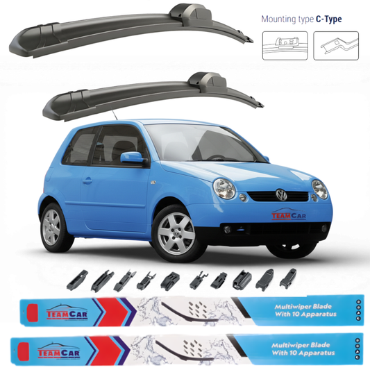 Car wiper blades with a blue Volkswagen Lupo (6X1, 6E1) HATCHBACK 2003-2005 and Team Car branding on a white background