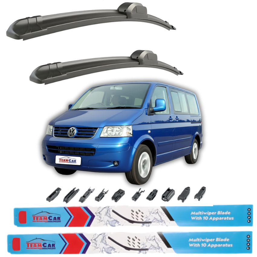 Two car wiper blades above a blue Volkswagen Multivan T5 LWB (2003–2009) with TeamCar branding on a white background.