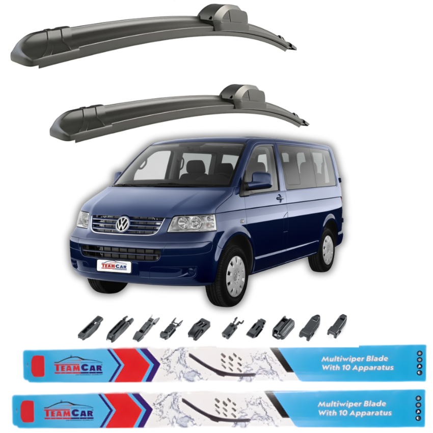 Two car wiper blades above a blue Volkswagen Multivan T5 SWB (2003–2009)with Team Car branding, featuring additional wiper blades below.