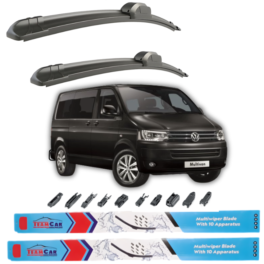 Car wiper blades with a black Volkswagen Multivan on a white background