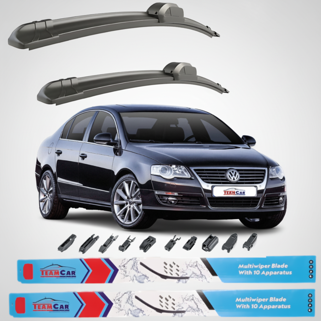 Car wiper blades with a black Volkswagen Passat B6 sedan (2005–2010) and TeamCar branding on a white background
