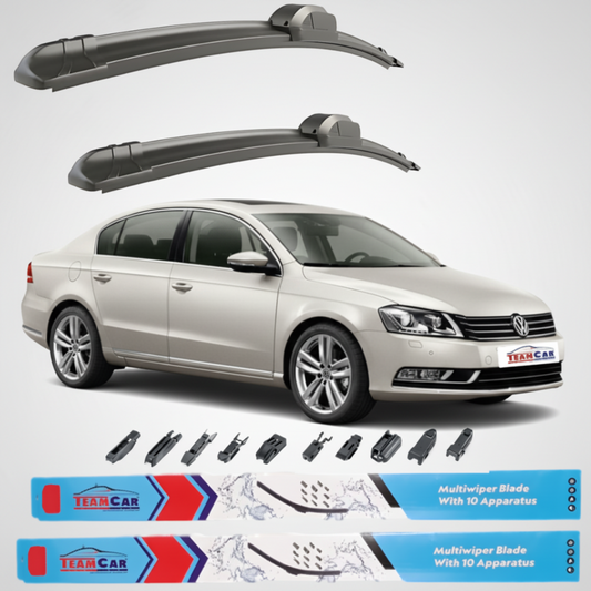Car wiper blades with a Volkswagen Passat B7 (2010–2014) and TeamCar branding on a white background