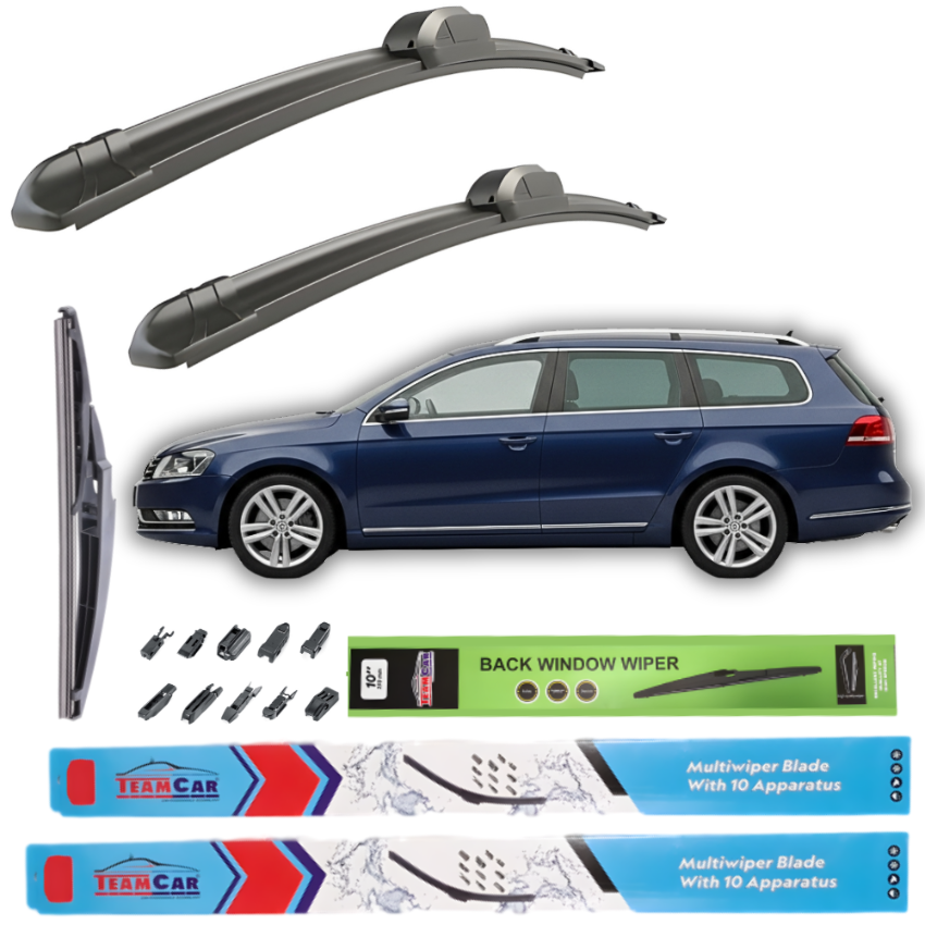 Car wiper blades with packaging and a blue Volkswagen Passat B7 variant (2010–2014) on a white background