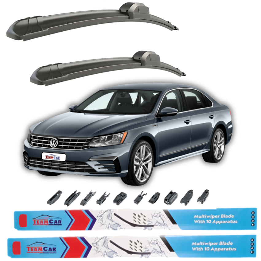 Volkswagen Passat B8 Sedan 2014–2022 with wiper blades displayed above and below, featuring Team Car branding.