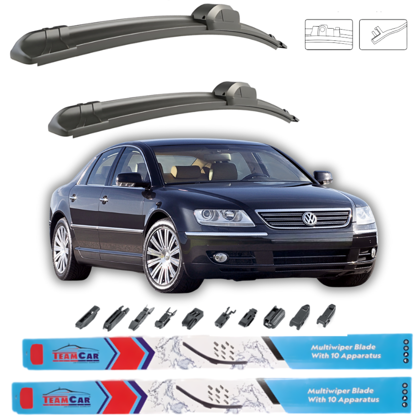 Car wiper blades with a black Volkswagen Phaeton (3D) and Team Car branding on a white background