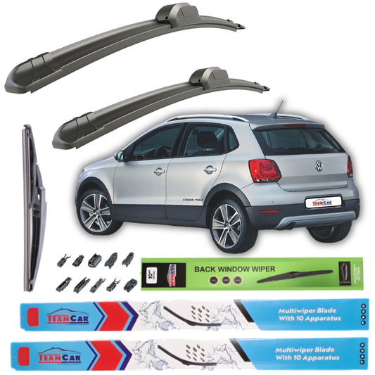 Car wiper blades with a silver Volkswagen CrossPolo (2010-2014) model on a white background