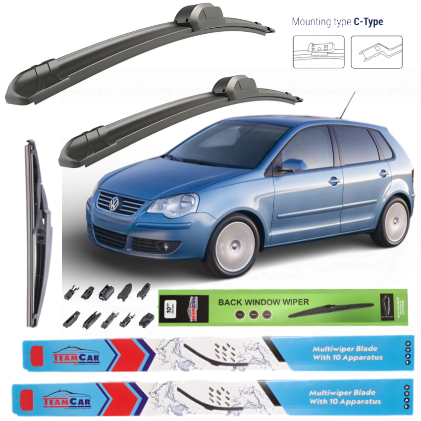 Car wiper blades with a blue car and branding elements on a white background