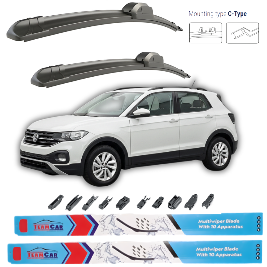 Car wiper blades with a white Volkswagen T-Cross (C11) 2018-2022 and mounting type C-Type illustration on a white background.