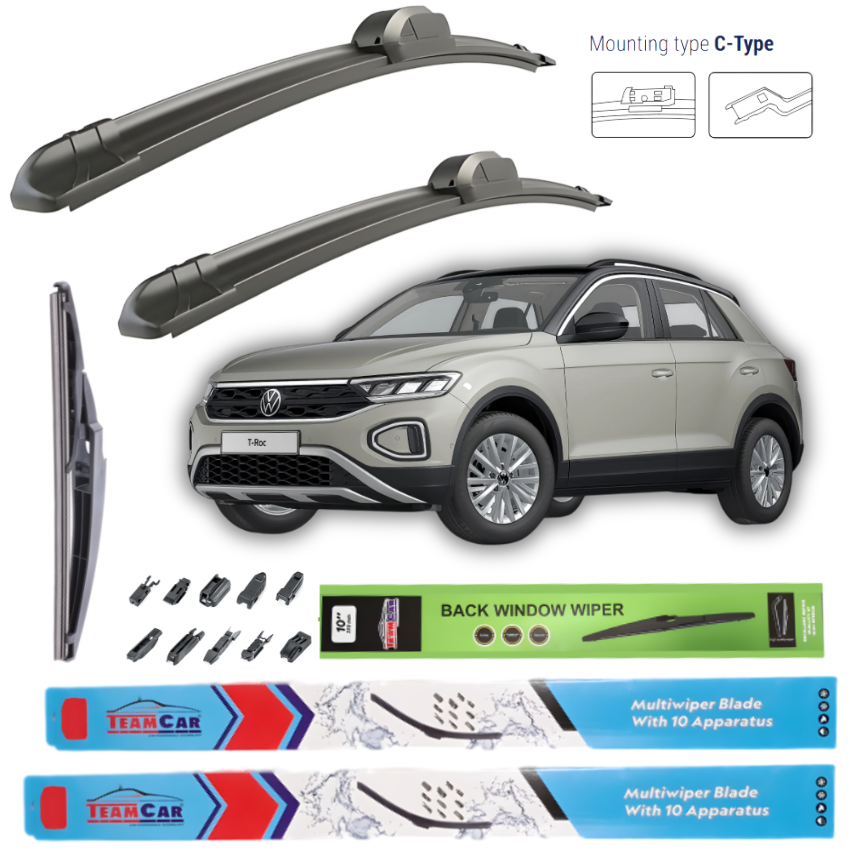 Car wiper blades with a Volkswagen T-Roc (A11) 2017-2022 SUV and packaging on a white background