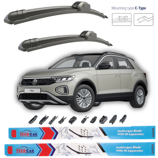 Car wiper blades with a Volkswagen T-Roc (A11) 2017-2022 and Team Car branding on a white background
