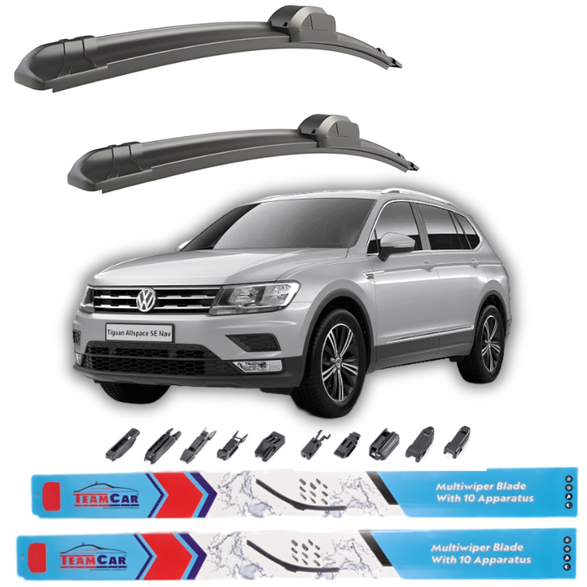 Car wiper blades with a Volkswagen Tiguan on a white background