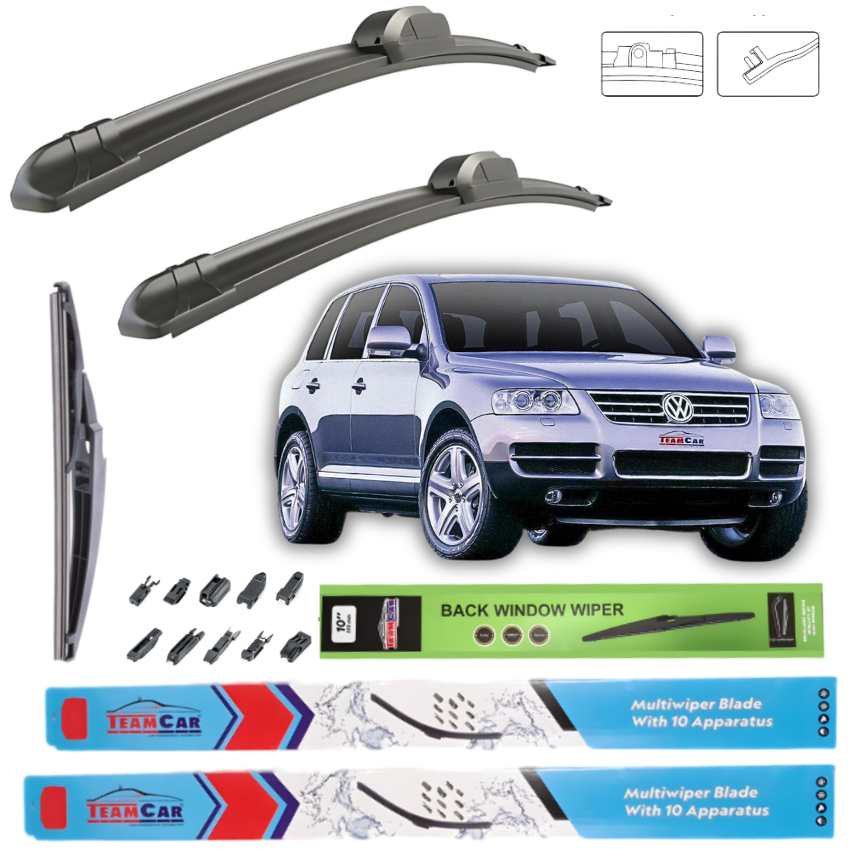Car wiper blades with a Volkswagen Touareg and Team Car branding on a white background