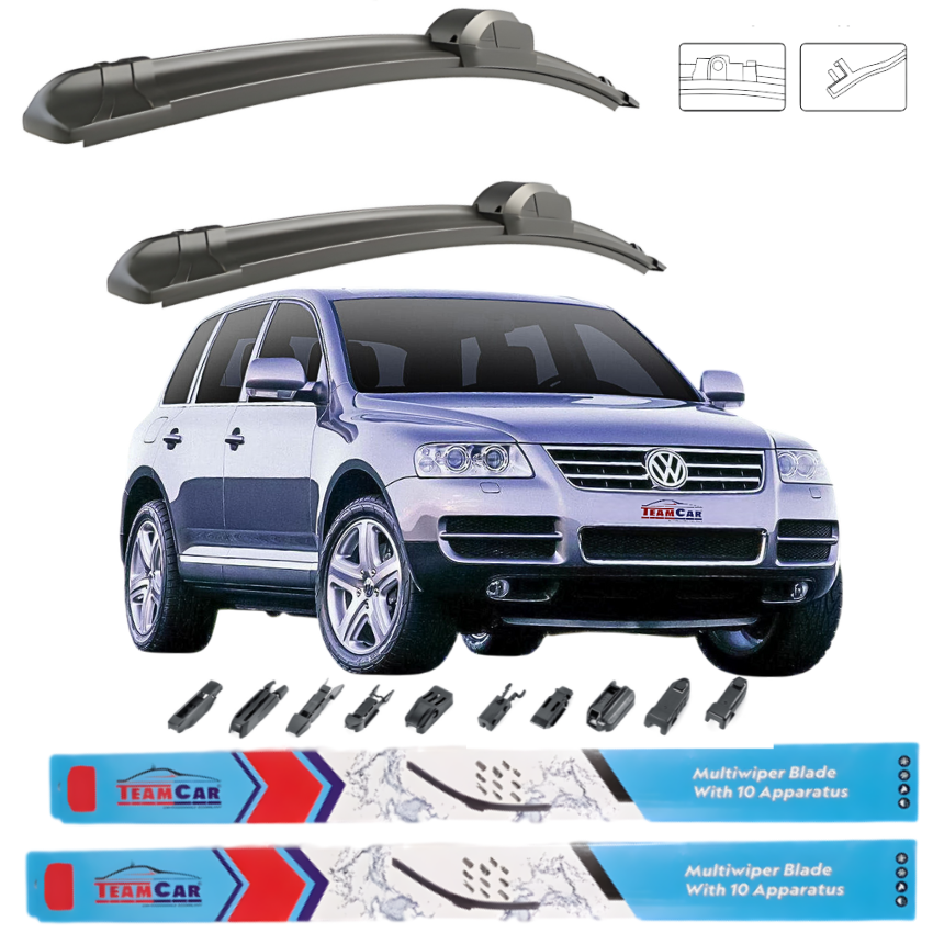 Car wiper blades with a Volkswagen Touareg and Team Car branding on a white background