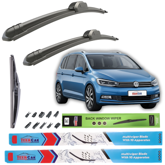 Car wiper blades with a blue Volkswagen Touran III 2015-2025 on a white background