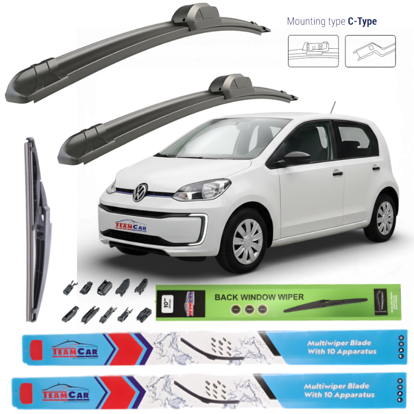 Car wiper blades with a white Volkswagen Up! (121) 2011-2023 and branding on a white background
