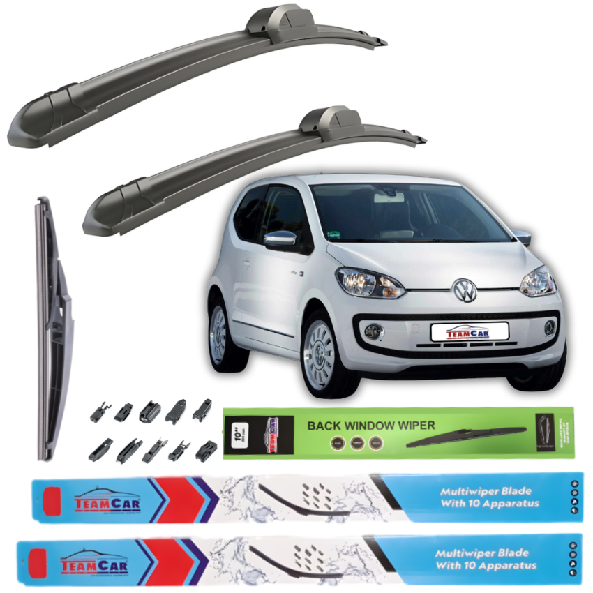 Car wiper blades with a white Volkswagen Up! 5 usi (2011–2023) and Team Car branding on a white background