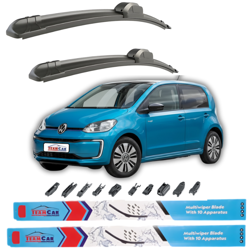 Car wiper blades with a blue Volkswagen Up! 5 usi (2011–2023) and Team Car branding on a white background