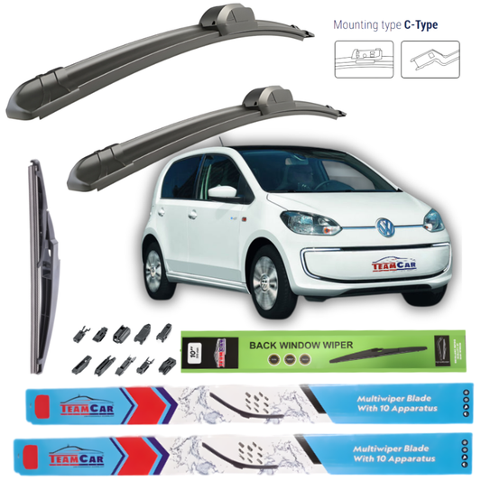 Volkswagen e-Up! (2013–2020) wiper blades with a white car and branding on a white background