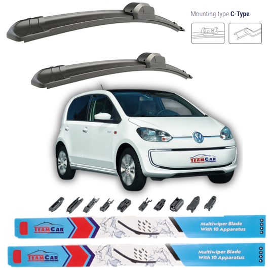 Car wiper blades with a white Volkswagen e-Up! (2013–2020) and Team Car branding on a white background
