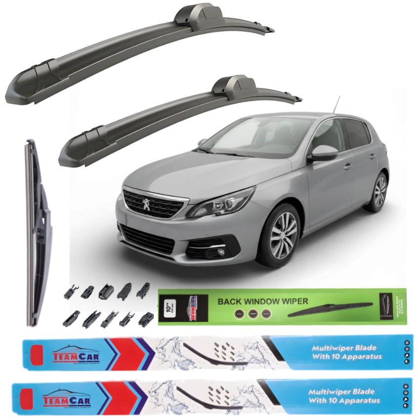 Car wiper blades with a peugeot 308 ii 2017-2021 and packaging on a white background