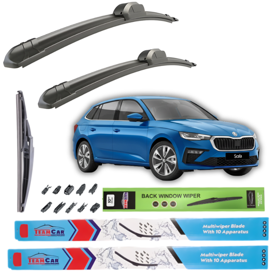 Car wiper blades with a blue škoda scala and packaging on a white background