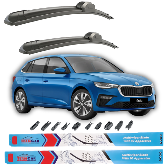 Two car wiper blades above a blue Skoda Scala with wiper blade packaging below.