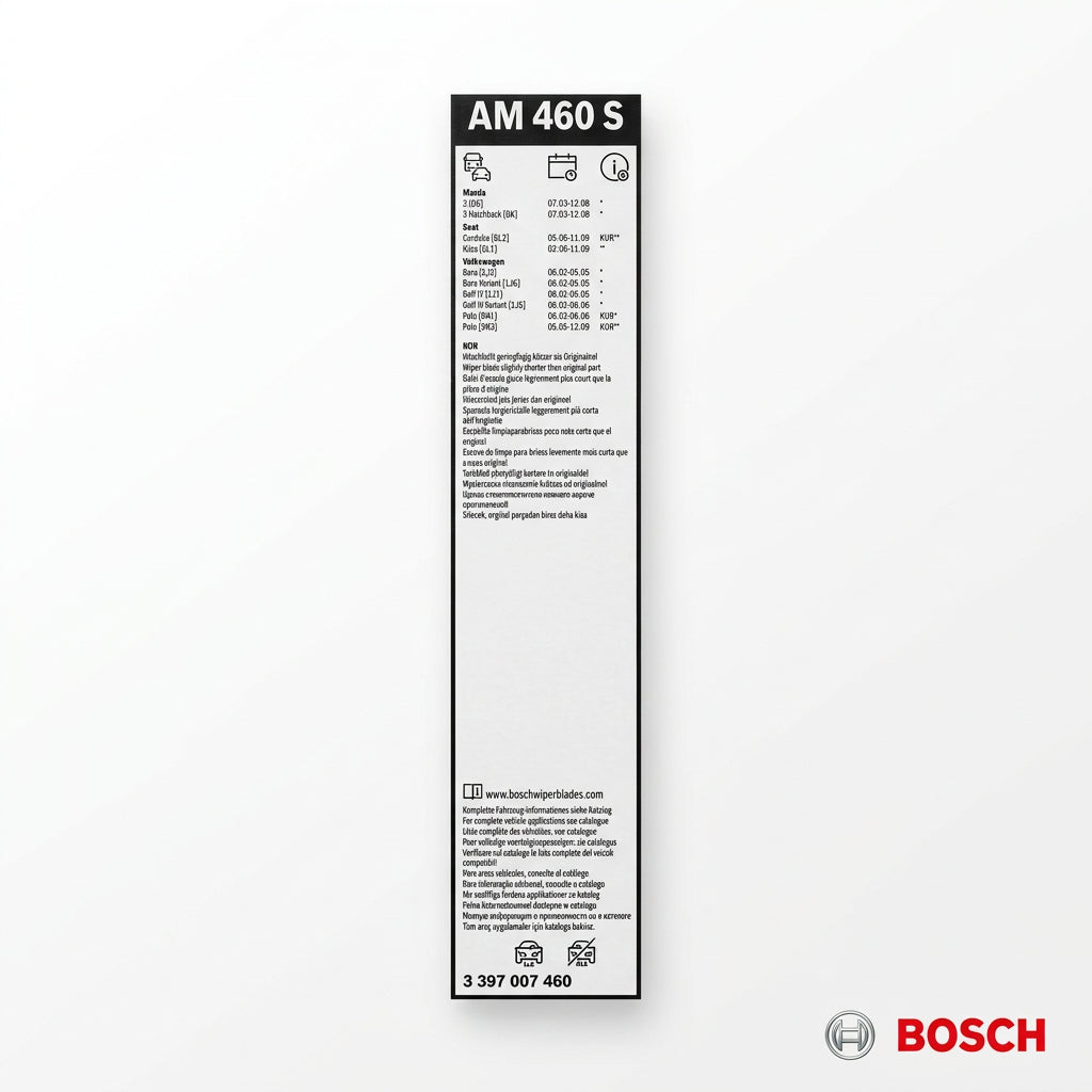 Etichetă Bosch AM460S, cod 3 397 007 460, cu aplicații și nota KUR