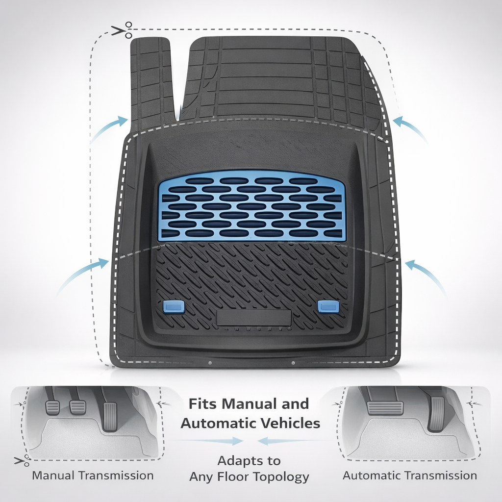 Car floor mat with text indicating compatibility with manual and automatic vehicles