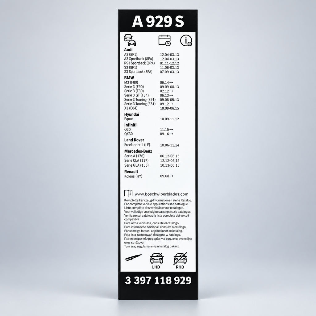 Etichetă Bosch A929S cu codul 3 397 118 929 și lista de aplicații auto