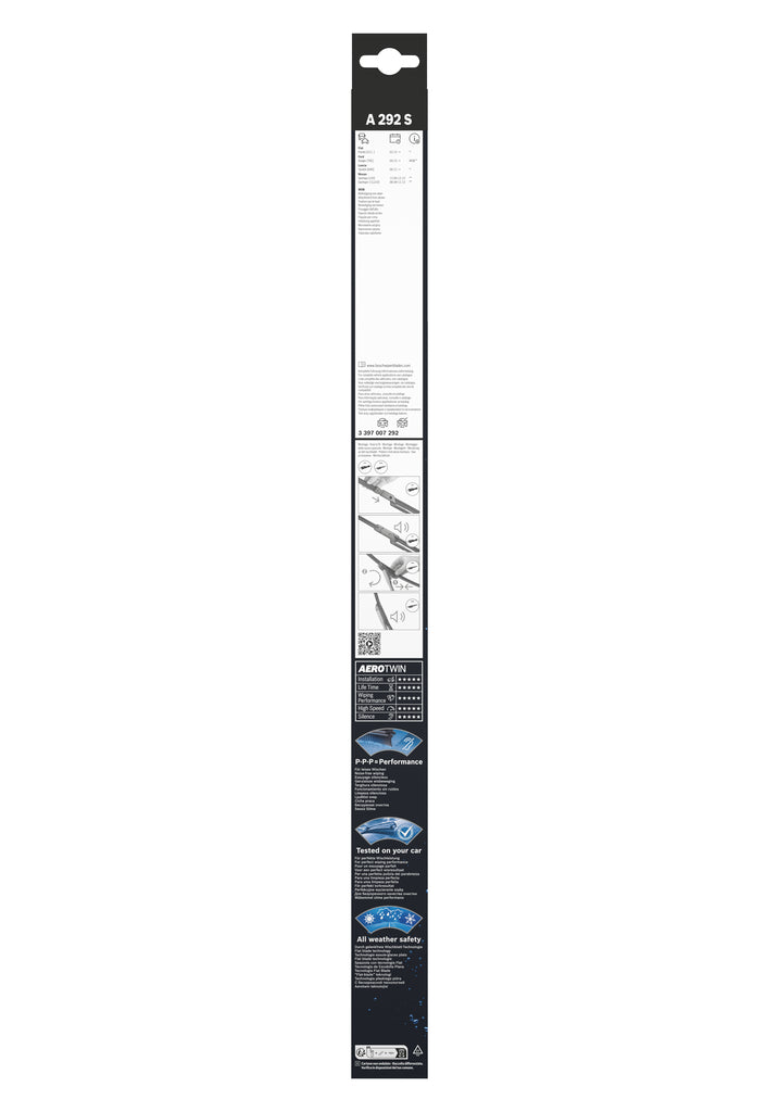 Spatele ambalajului Bosch Aerotwin A292S cu instructiuni ilustrate de montaj