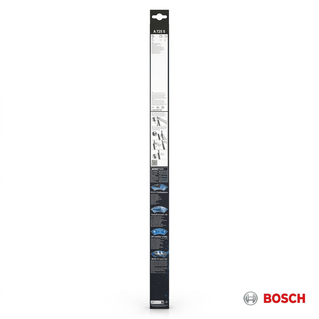 Spatele ambalajului Bosch Aerotwin A725S cu instrucțiuni de montaj