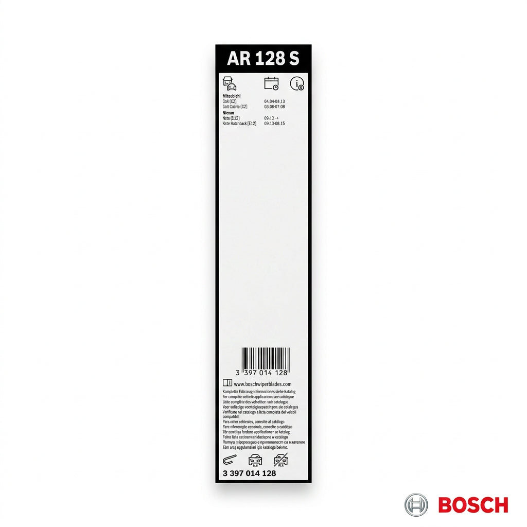 Eticheta ambalajului Bosch AR128S cu aplicații Mitsubishi și Nissan și codul 3 397 014 128