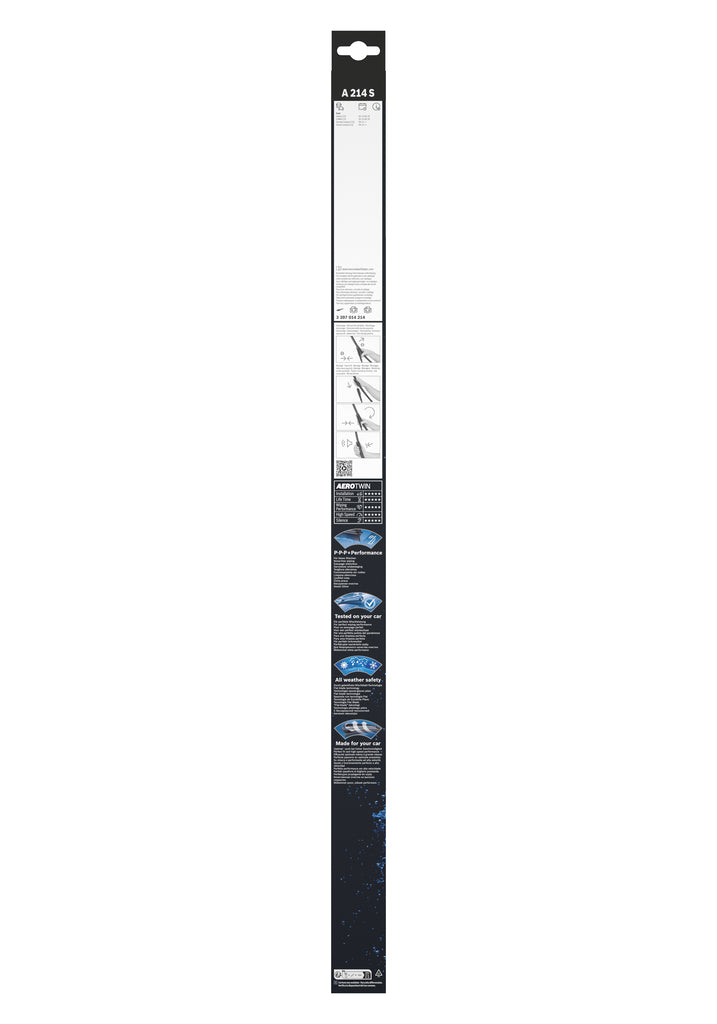 Spatele ambalajului Bosch Aerotwin A214S cu instructiuni ilustrate de montaj