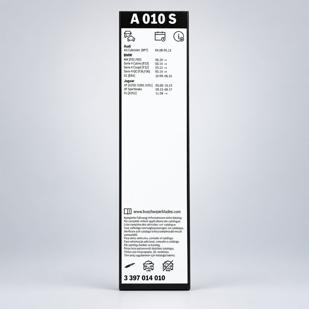 Spatele ambalajului Bosch A010S cu aplicații auto și codul 3 397 014 010
